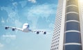 Jet with world map and skyscraper Royalty Free Stock Photo
