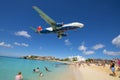 Airplane flying over Maho Beach, Sint Maarten, Dutch Caribbean