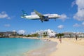 Airplane flying over Maho Beach, Sint Maarten, Dutch Caribbean