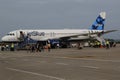 JetBlue plane on tarmac at Maurice Bishop International Airport in Grenada Royalty Free Stock Photo