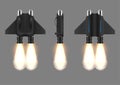 Jetpack launching fire flame futuristic device for flying front side back view set realistic vector