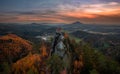Jetrichovice, Czech Republic - Aerial panoramic view of Mariina Vyhlidka lookout with a beautiful Czech autumn landscape Royalty Free Stock Photo