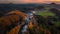 Jetrichovice, Czech Republic - Aerial panoramic view of Mariina Vyhlidka lookout at sunset with Czech autumn landscape