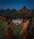 Jetrichovice, Czech Republic - Aerial view of pink mansion at dusk on an autumn afternoon with Mariina vyhlidka viewpoint Royalty Free Stock Photo