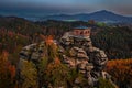 Jetrichovice, Czech Republic - Aerial view of Mariina Vyhlidka (Mary\'s view) lookout with a Czech autumn landscape Royalty Free Stock Photo