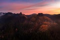 Jetrichovice, Czech Republic - Aerial view of Mariina Vyhlidka lookout with a Czech autumn landscape and colorful sunrise