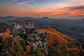 Jetrichovice, Czech Republic - Aerial view of Mariina Vyhlidka (Mary\'s view) lookout with Czech autumn sunrise