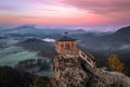 Jetrichovice, Czech Republic - Aerial view of Mariina Vyhlidka lookout and colorful pink sunrise sky in Bohemian Switzerland Royalty Free Stock Photo