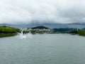 jets or fountains of water projected from the surface of the Mondego River in the city of Coimbra. Royalty Free Stock Photo