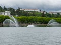 jets or fountains of water projected from the surface of the Mondego River in the city of Coimbra. Royalty Free Stock Photo