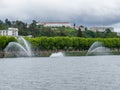 jets or fountains of water projected from the surface of the Mondego River in the city of Coimbra. Royalty Free Stock Photo
