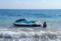 Jetski floating on blue sea water. Strong power watercraft is waiting customers