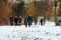 Jette, Brussels, Belgium - Local people walking through the snow in the city park