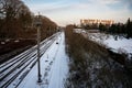 Jette, Brussels, Belgium - Railway tracks covered in snow, high angle view