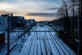 Jette, Brussels, Belgium - Railway tracks covered in snow, high angle view