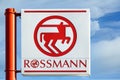 Sign with the logo of Rossmann in Jettingen, Germany - Dirk Rossmann GmbH is Germany`s second-largest