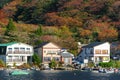 Jetty on the river Ashi in Hakone, Japan. Copy space for text.