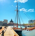 Jetty with sailing ship in old town. Helsinki, Finland Royalty Free Stock Photo