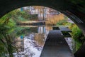 Jetty under the viaduct of the park in Hilversum, The netherlands, Dutch water landscape