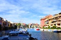 Jetty with yacht. Yachts and motor boats in marina Port Saplaya, Valencia.