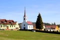 Jetzles, Lower Austria, rural settlement, Village Green with small church, Springtime fittings, vector Royalty Free Stock Photo