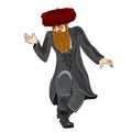 Jew in hasidic hat dancing and rejoicing at something, isolated object on white background, vector illustration