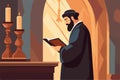 Jew reading torah Judaism religion in synagogue rabbis vector illustration.