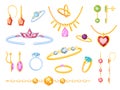 Jewel accessory items, golden earrings, rings, bracelet and pendant. Cartoon jewelry with gem stones and crystals