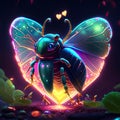 Jewel Beetle hugging heart Honey bee with neon lights on black background. Vector illustration. AI Generated animal ai