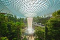 Jewel Changi Airport in Singapore City. Interior design decoration with waterfall, garden and trees. The world`s best airport and