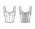 Jewel cropped shirred corset-style smocked top technical fashion illustration with molded cups, close fit, shirred back