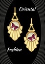 Jewel with enamel. Golden earrings in art deco style with butterfly pendant in enamel design.