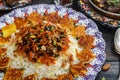 Jeweled rice close view, iranian pilaf with tahdig