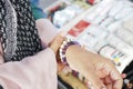 Jeweler bracelet on the female wrist.