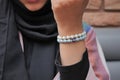 Jeweler bracelet on the female wrist.