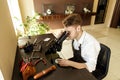 Jeweler examines the ring through a microscope Royalty Free Stock Photo