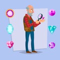 Jeweler Man Vector. Eyeglass Magnifier, Jewelry Gem Items. Occupation Person To Work With Precious Stones. Cartoon