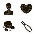 Jeweler, pliers, gold ore, garnet in the form of heart. Precious minerals and jeweler set collection icons in black
