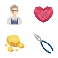 Jeweler, pliers, gold ore, garnet in the form of heart. Precious minerals and jeweler set collection icons in cartoon