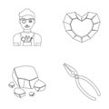 Jeweler, pliers, gold ore, garnet in the form of heart. Precious minerals and jeweler set collection icons in outline