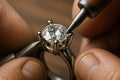 A jeweler sets a sparkling diamond in a ring using handheld tools, demonstrating detailed craftsmanship and precision work Royalty Free Stock Photo