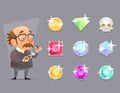 Jeweler Valuer Appraiser Quality Check Process Icon Set Retro Cartoon Design Mobile game Vector Illustration