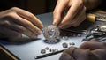 Jeweler working on a ring in a jeweler\'s workshop