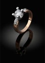 Jewelery ring with big diamond on black background, clipping pat