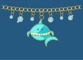Jewellery blue shark pendants with bubbles water. Chain with golden rings. Cartoon style character fish. coulombs marine themes Royalty Free Stock Photo