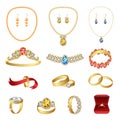 Jewellery icons set, cartoon style