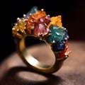 Jewellery ring with multicoloured gems on a dark background. AI Generative