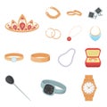 Jewelry and accessories cartoon icons in set collection for design.Decoration vector symbol stock web illustration. Royalty Free Stock Photo