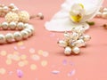 Jewelry background gold  white pearl Luxury Glamour fashion  costume jewelry   rings earrings bracelet   pink c Royalty Free Stock Photo