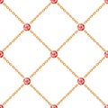 Seamless pattern with crossed golden chains and red round gemstones